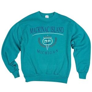 Vtg 90s Jerzees Mackinac Island Michigan Sweatshirt Adult M Teal Anchor USA Made